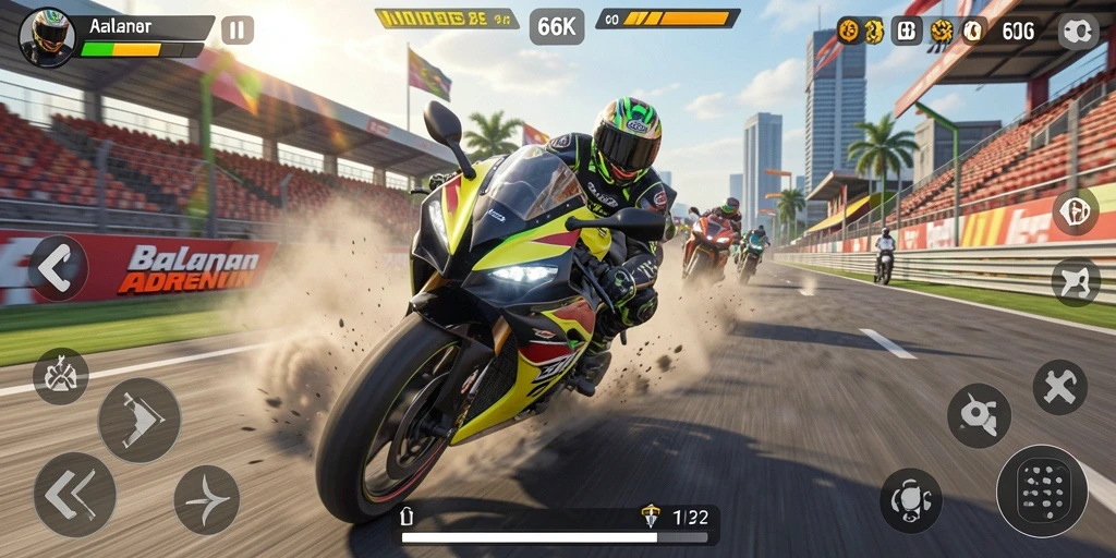 Screenshot utama 66K menampilkan aksi balapan motor yang mendebarkan.