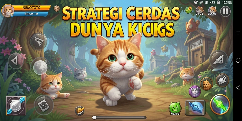 Tangkapan layar gameplay <strong>NEKOTOTO</strong> menunjukkan pertarungan seru antara kucing-kucing strategis.